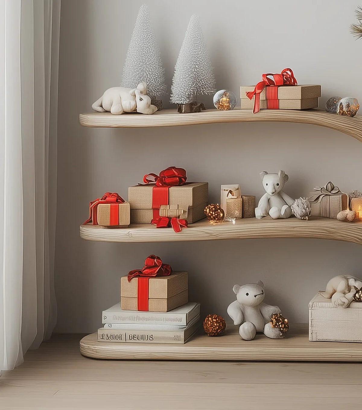 Curved wooden shelves with wrapped Christmas gifts, white teddy bears, decorative trees, and warm fairy lights