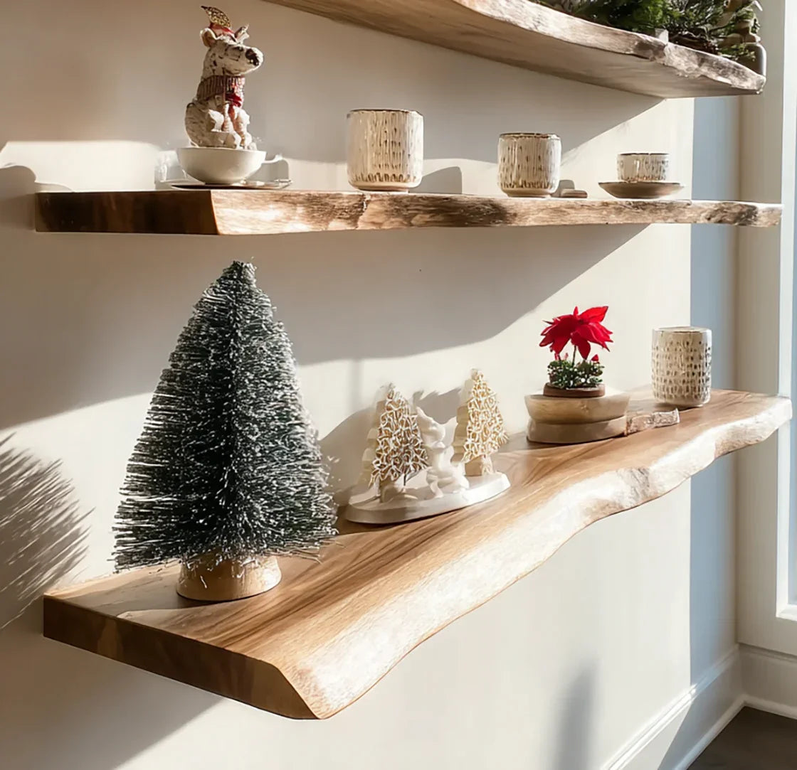 Live edge floating wood shelves with festive holiday decor and natural sunlight