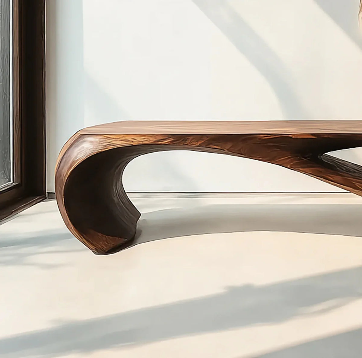 Modern live edge solid wood bench with curved design in natural light