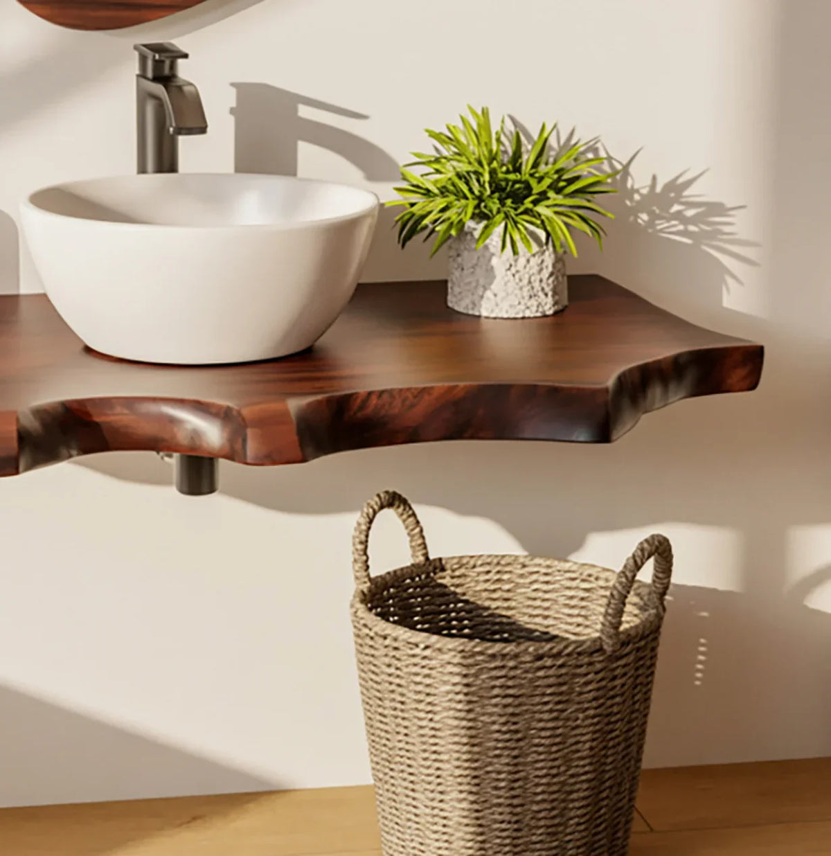 Live edge wood floating vanity with vessel sink, potted plant, and woven basket