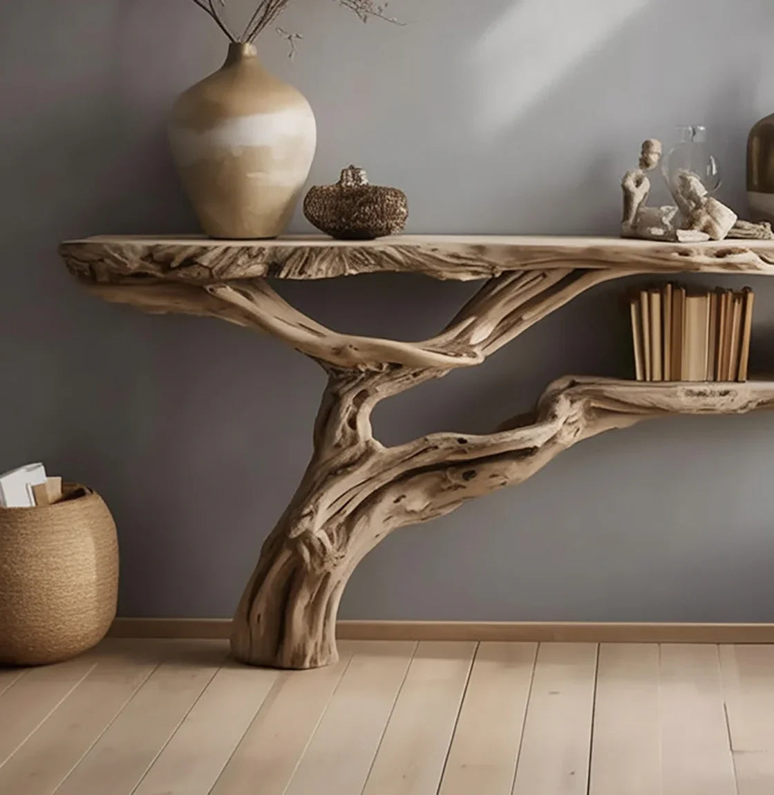 Live edge solid wood console table with tree branch base, decorated with books and vases.