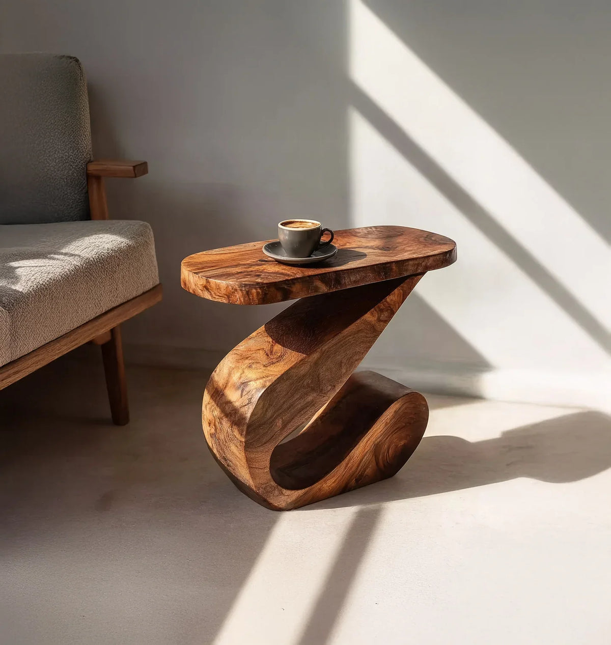 Modern wooden sculptural side table with coffee cup on top beside beige upholstered armchair in sunlit room