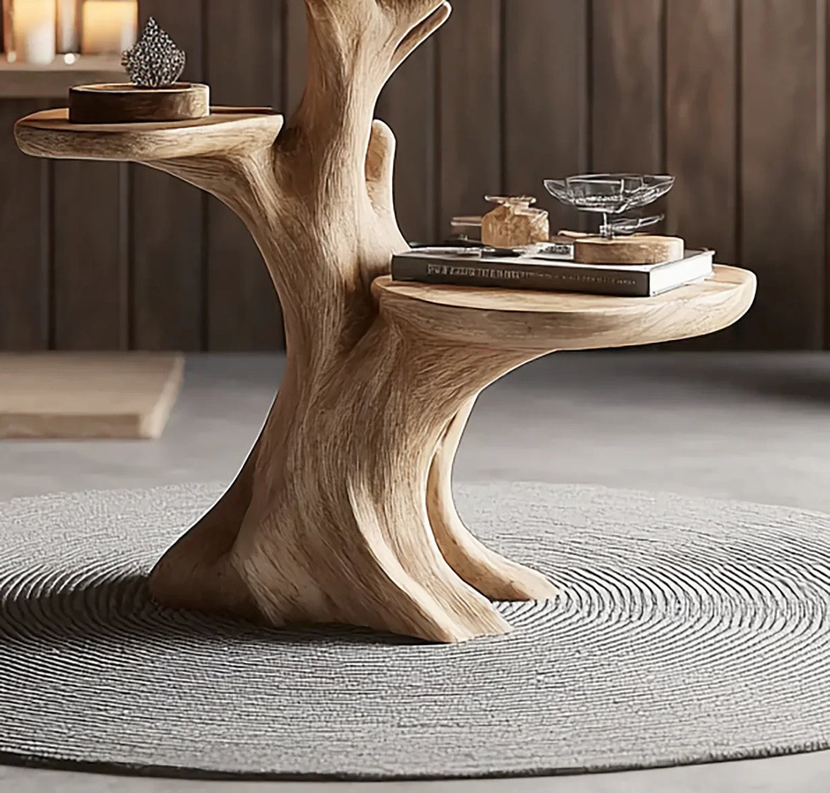Live edge solid wood side table shaped like a tree, with books and decor on a round rug