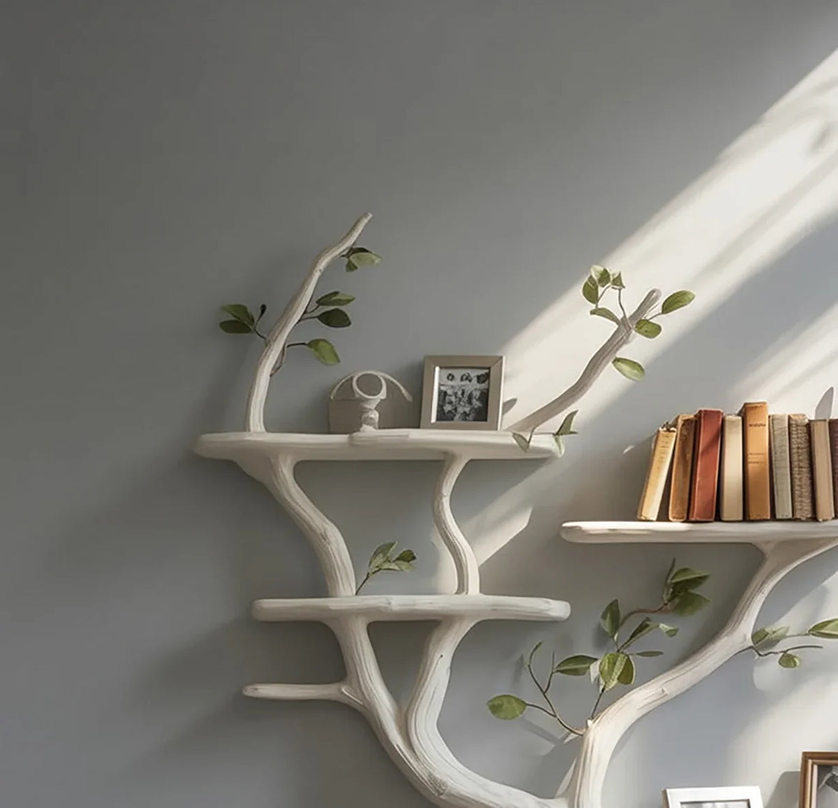 White tree branch bookshelf with books, leaves, and decor against a gray wall in sunlight