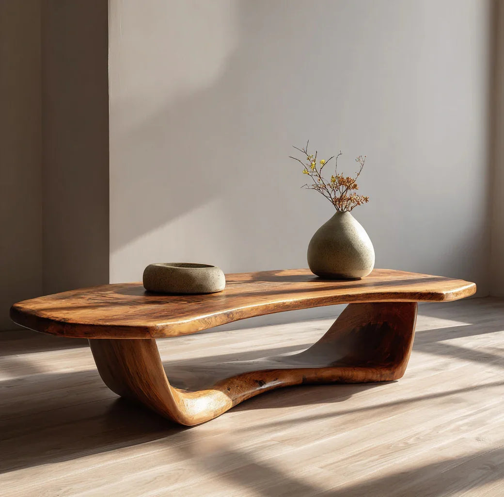 Live edge solid wood coffee table with curved base, ceramic vases, and minimalist decor