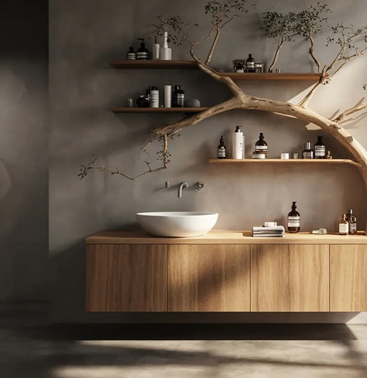 Modern bathroom with floating wood vanity, vessel sink, and live edge tree bookshelves