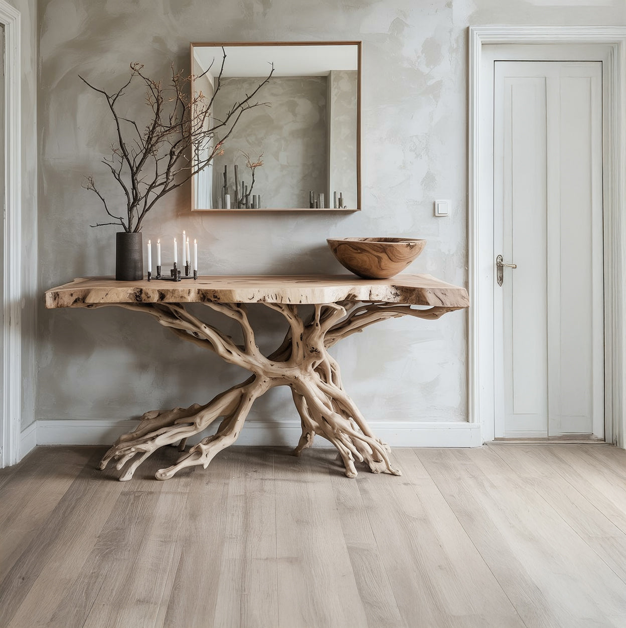 Unique wooden console table with natural root base, decorative bowl, candles, branches, and wall mirror