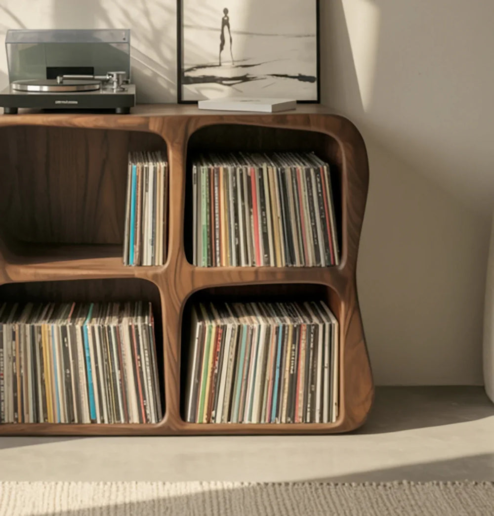Solid Wood Vinyl Record Storage Cabinet – Modern Sculptural LP Shelf