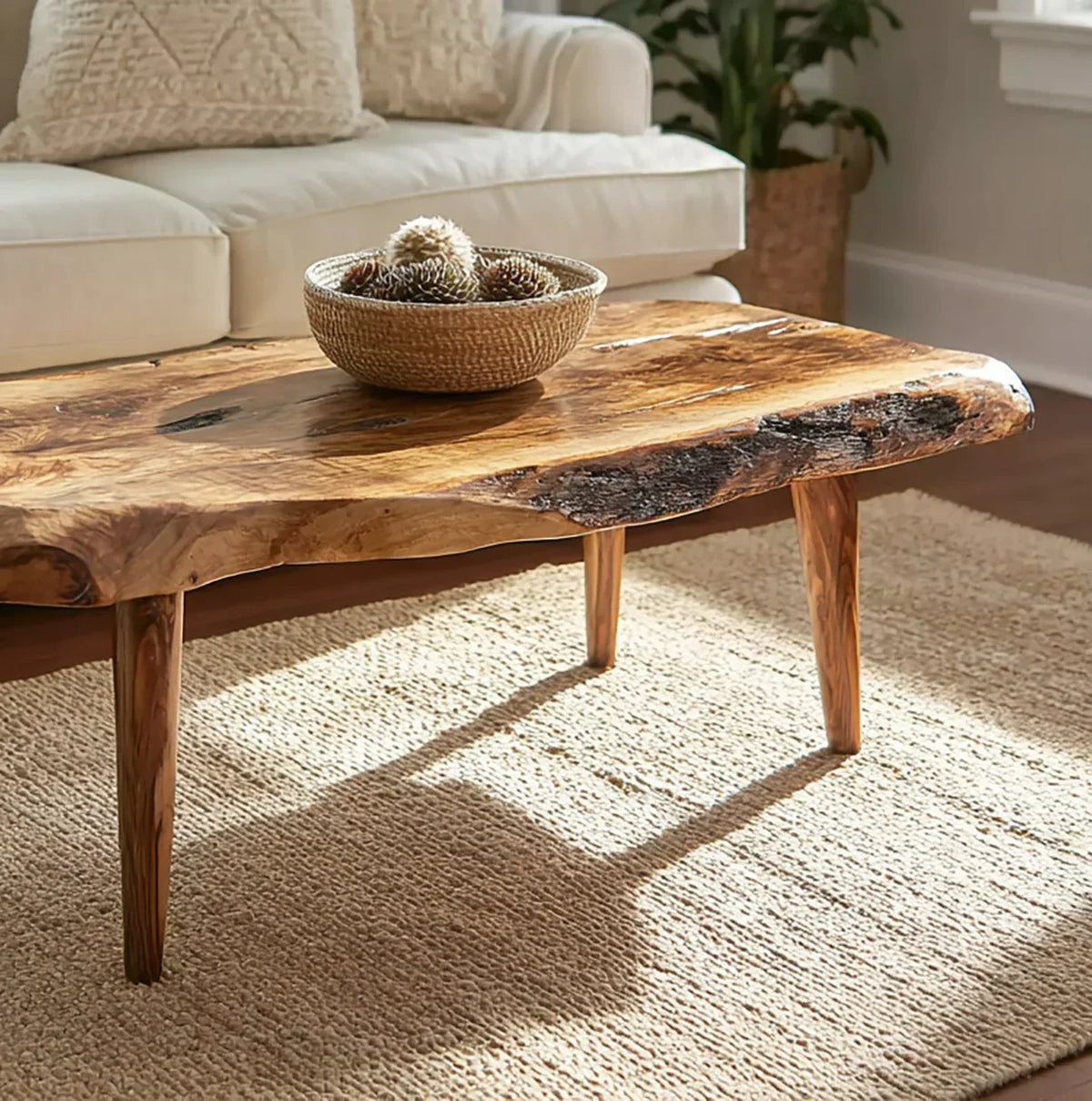 Live edge solid wood coffee table in bright living room with natural decor