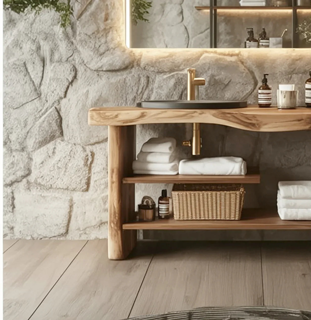 Live edge solid wood bathroom vanity with open shelves, stone wall backdrop, gold faucet