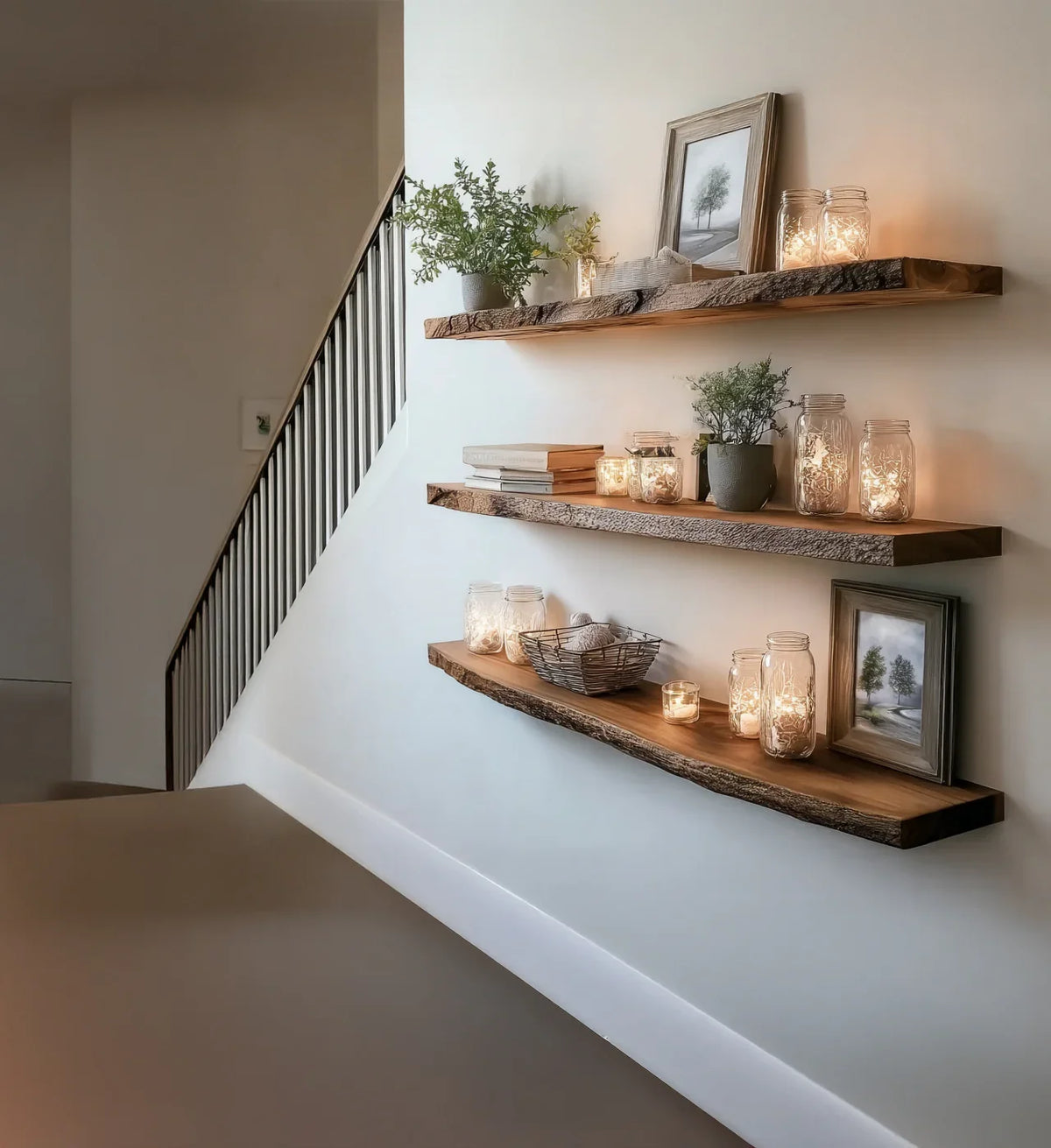 Rustic wooden floating shelves with potted plants, framed tree art, books, and mason jar string lights