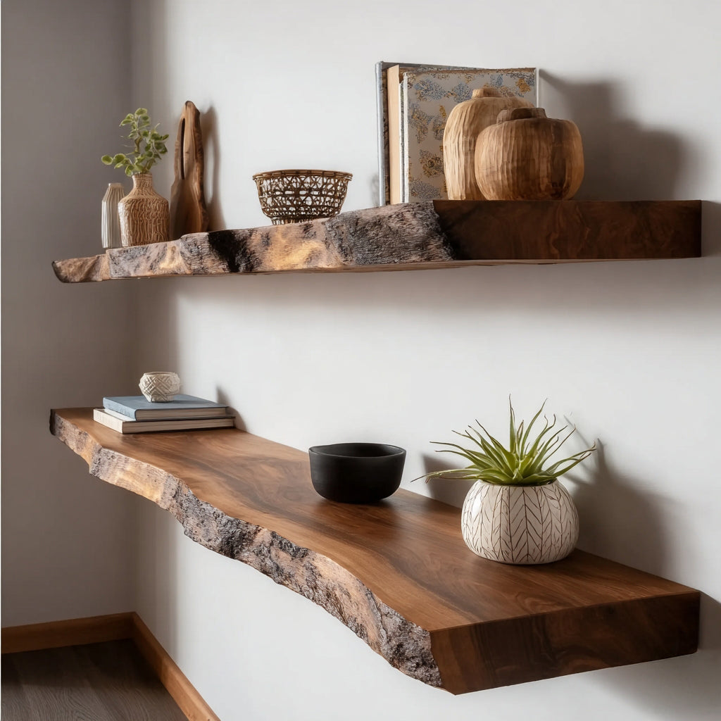 Live Edge Floating Wood Shelves – Handcrafted Solid Wood Wall Shelving