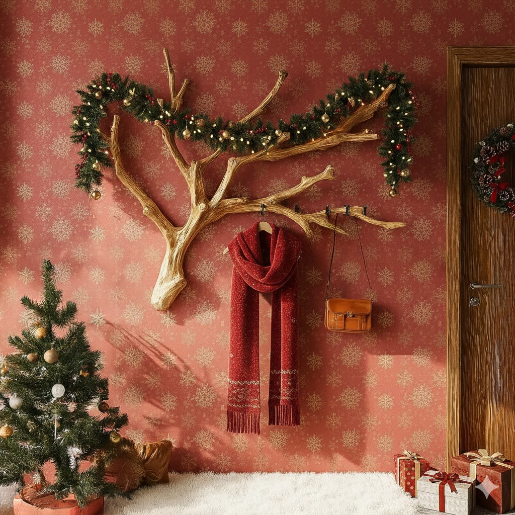 Christmas-themed room with reindeer antler coat rack, red scarf, small decorated tree, and wrapped gifts