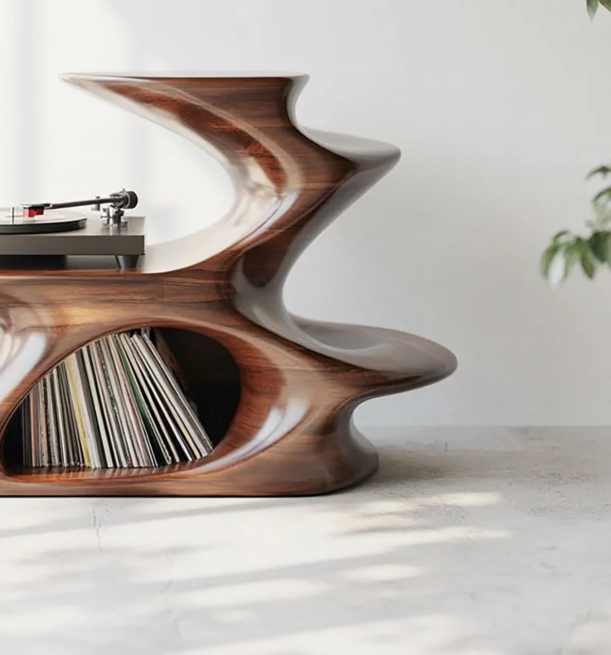 Sculptural solid wood record player stand with vinyl record storage, modern design, natural light.