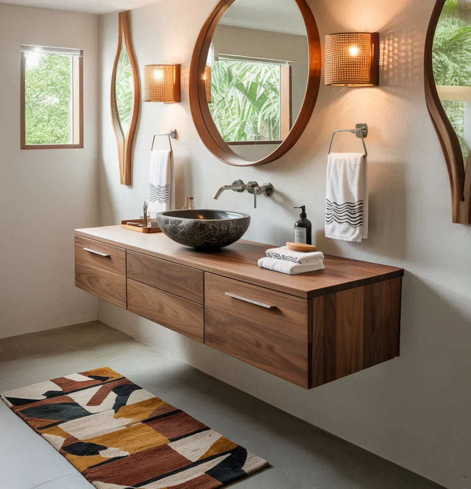 Modern bathroom with floating solid wood vanity, stone vessel sink, large round mirror, and abstract rug
