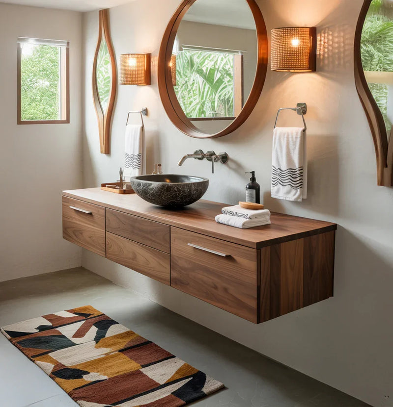 Modern bathroom with floating solid wood vanity, stone vessel sink, large round mirror, and abstract rug
