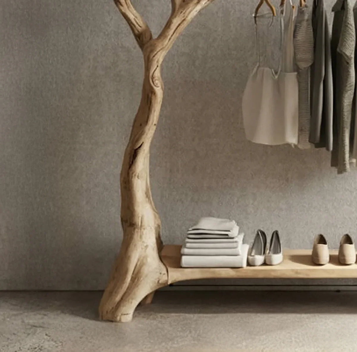 Live edge solid wood tree bookshelf with hanging clothes, folded towels, and shoes