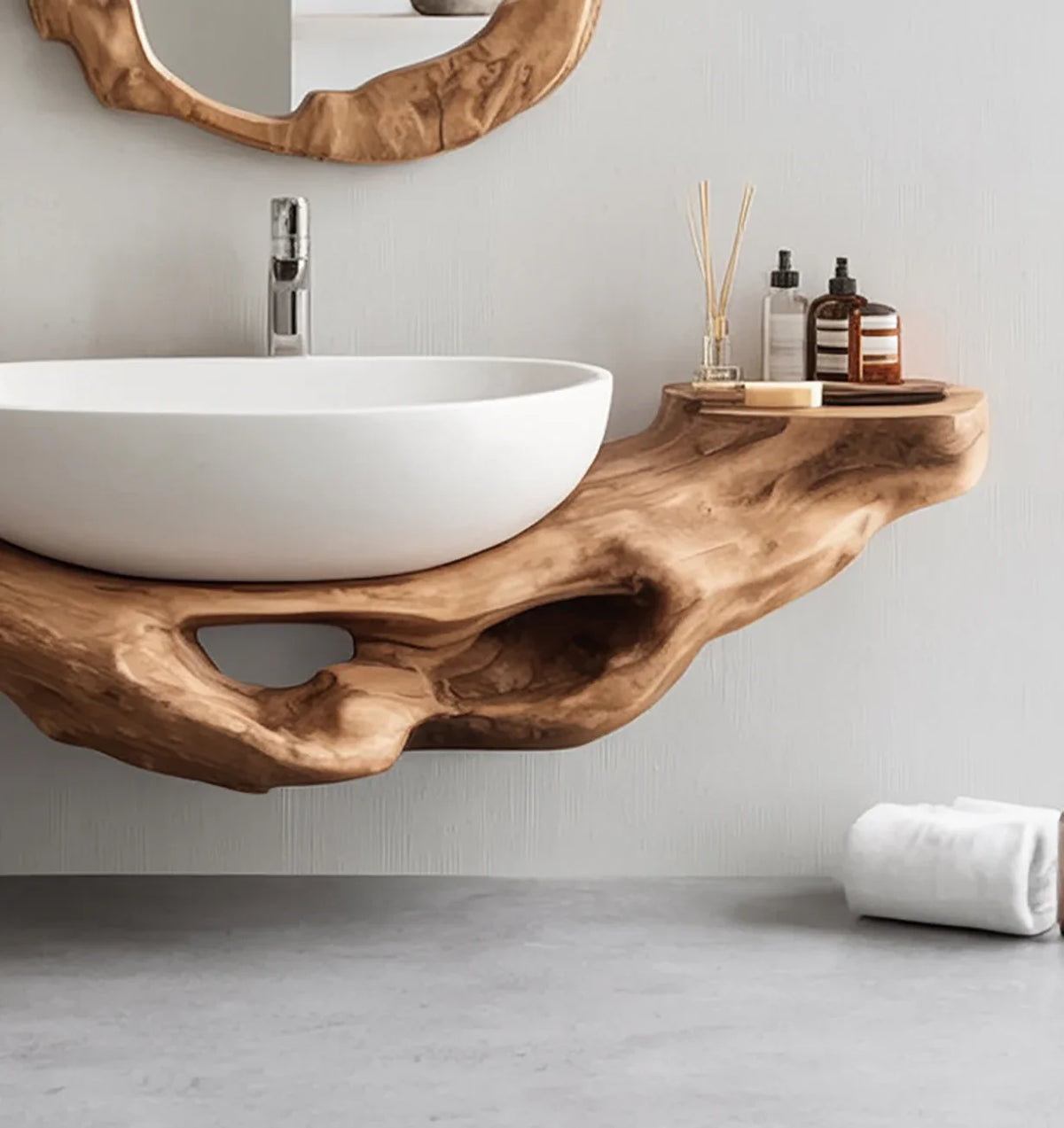 Live edge solid wood floating vanity with vessel sink and natural bathroom decor
