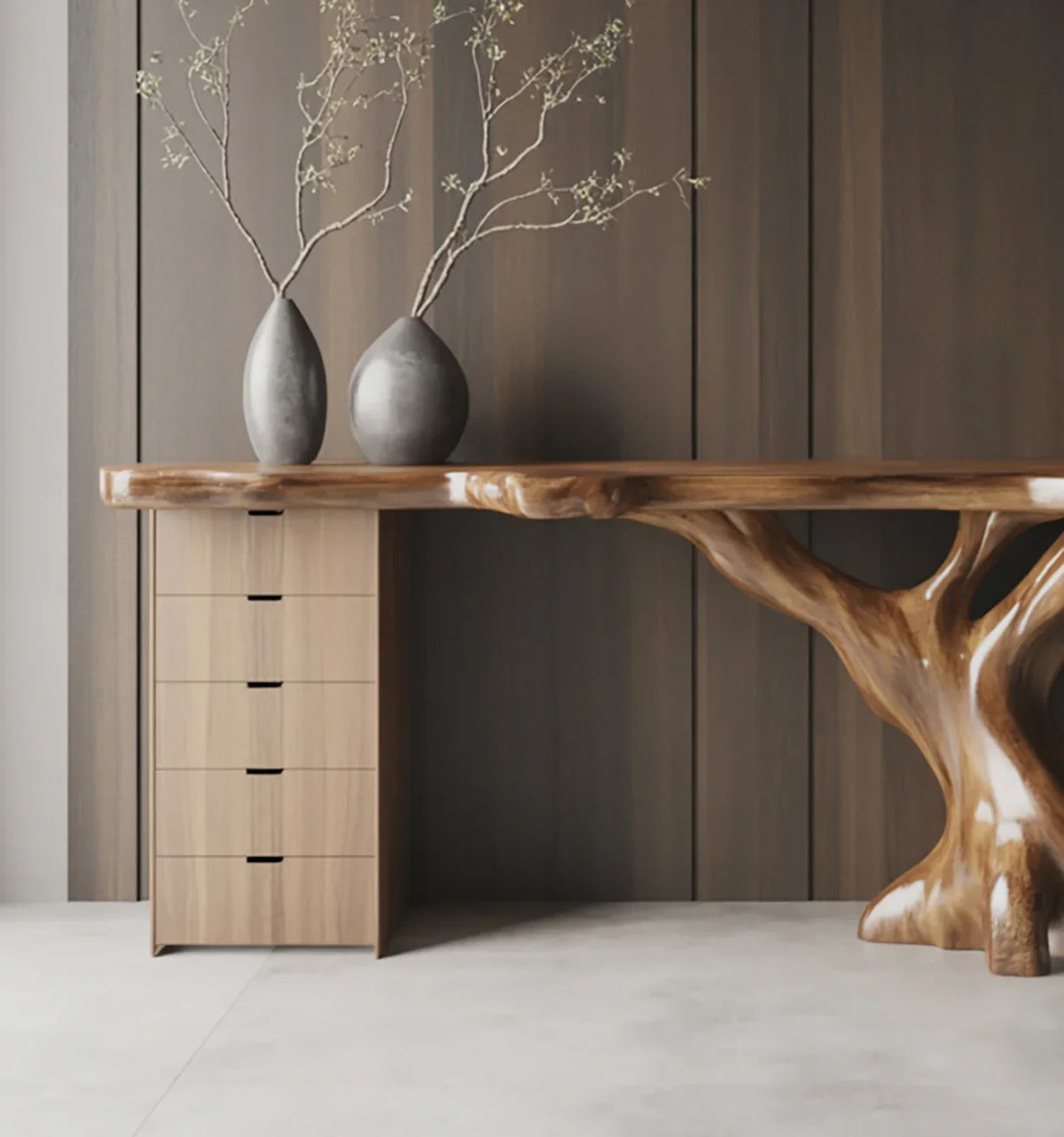Live edge solid wood desk with organic tree base and modern drawers, two ceramic vases on top