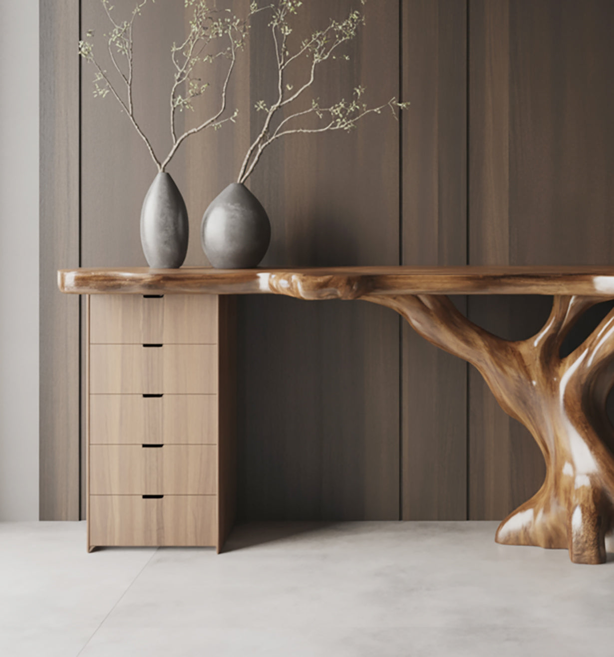 Live Edge Wood Desk with Tree Trunk Base – Handmade Solid Wood Office Table