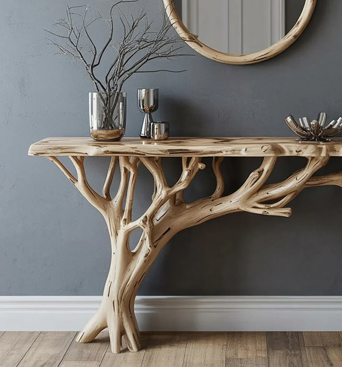 Live edge wood console table with tree branch base, minimalist decor, modern entryway design