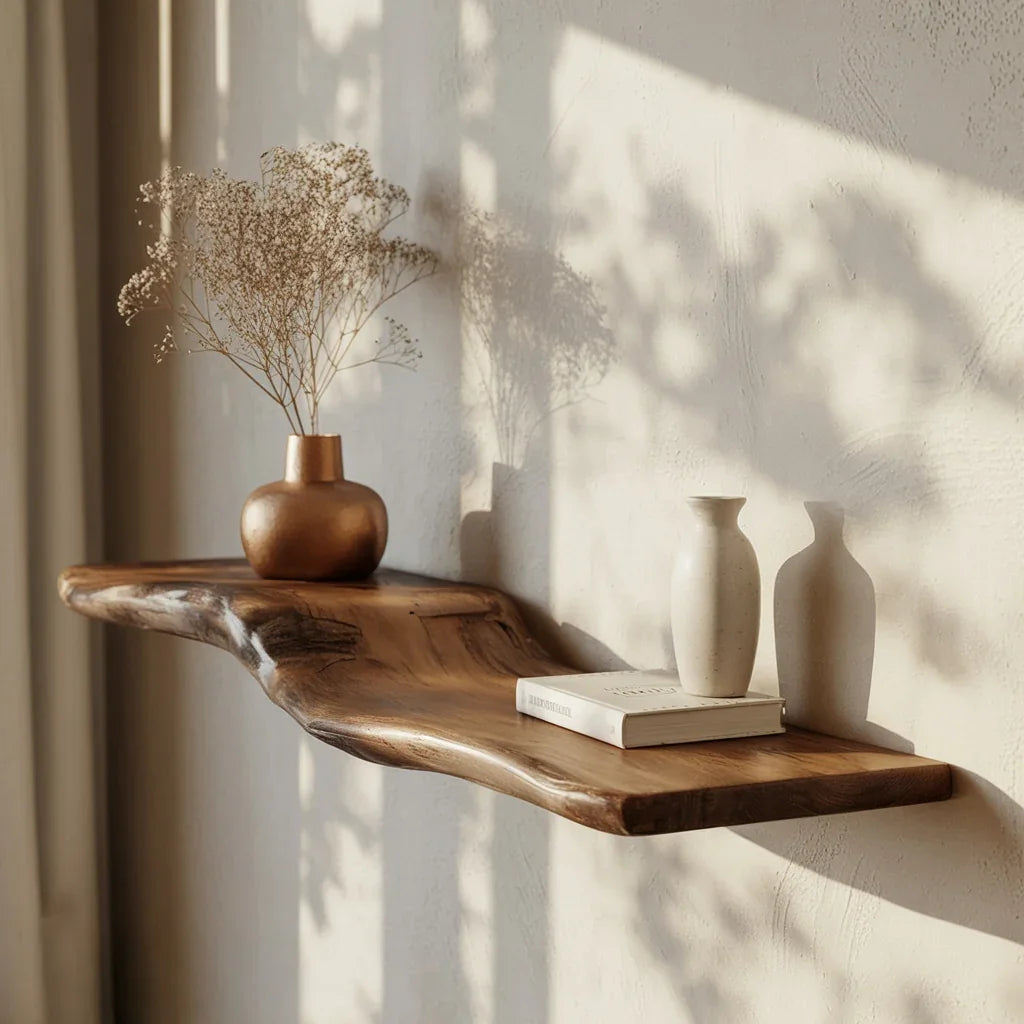 Live edge floating wood shelf with ceramic vases and book, sunlight on textured wall.