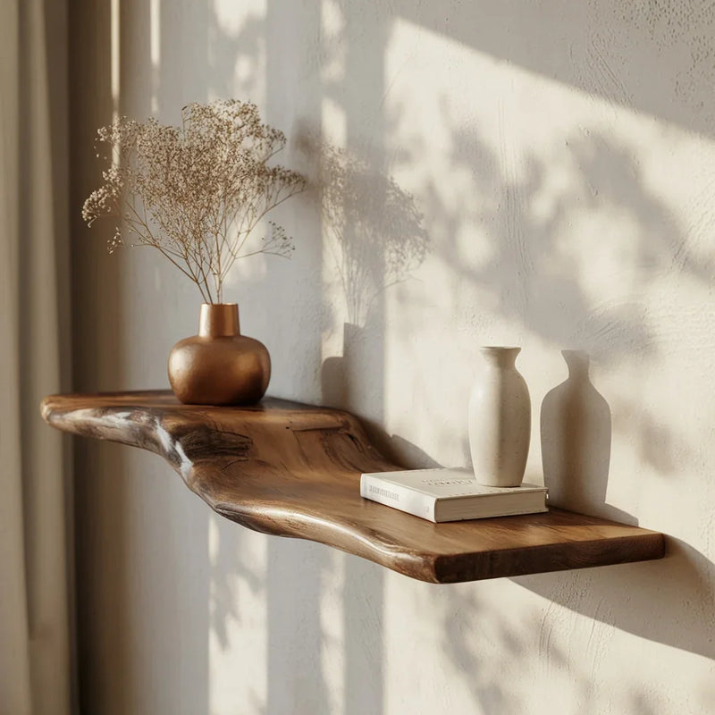 Live edge floating wood shelf with ceramic vases and book, sunlight on textured wall.