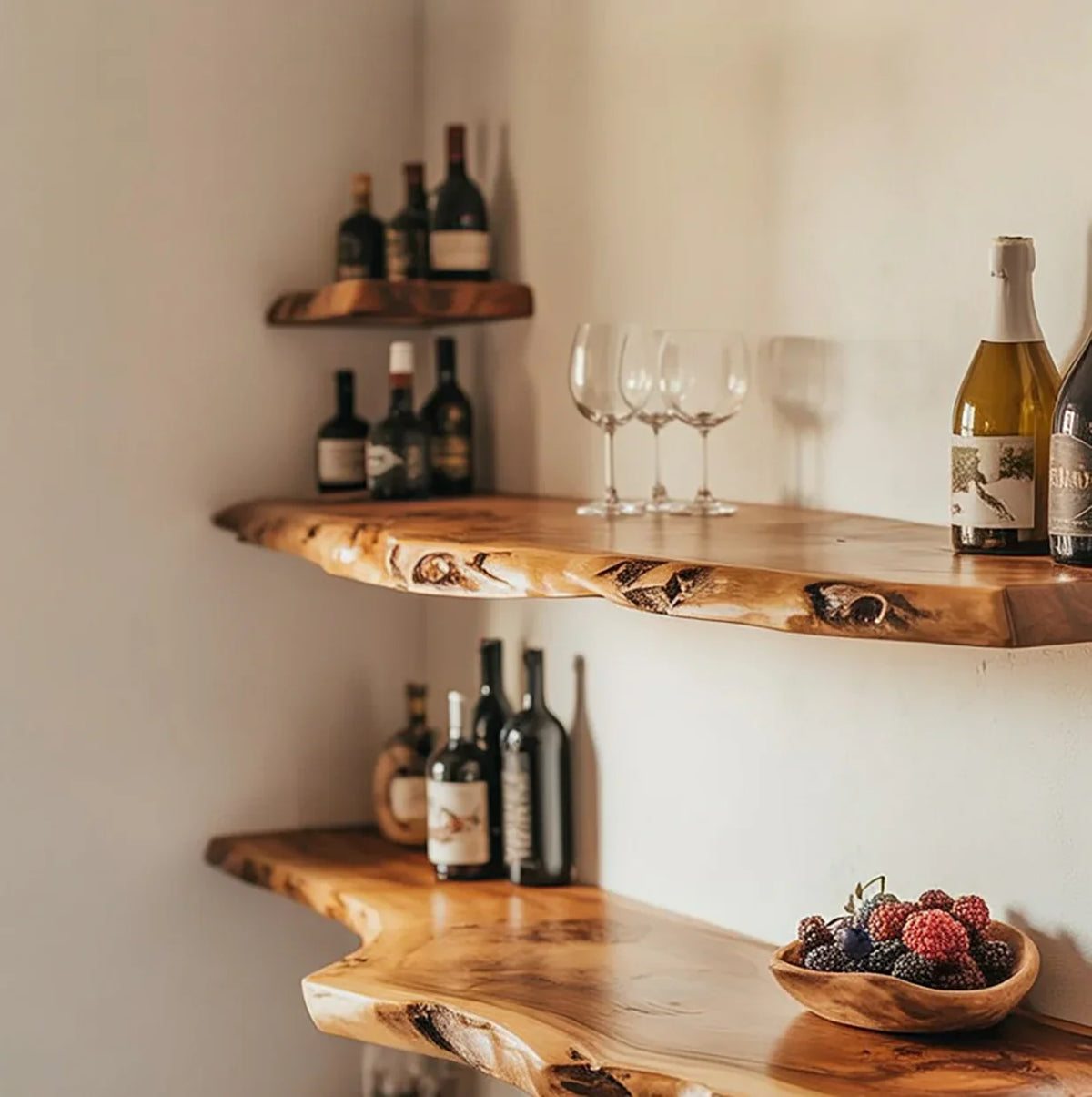Live edge solid wood floating shelves with wine bottles, glasses, and a fruit bowl