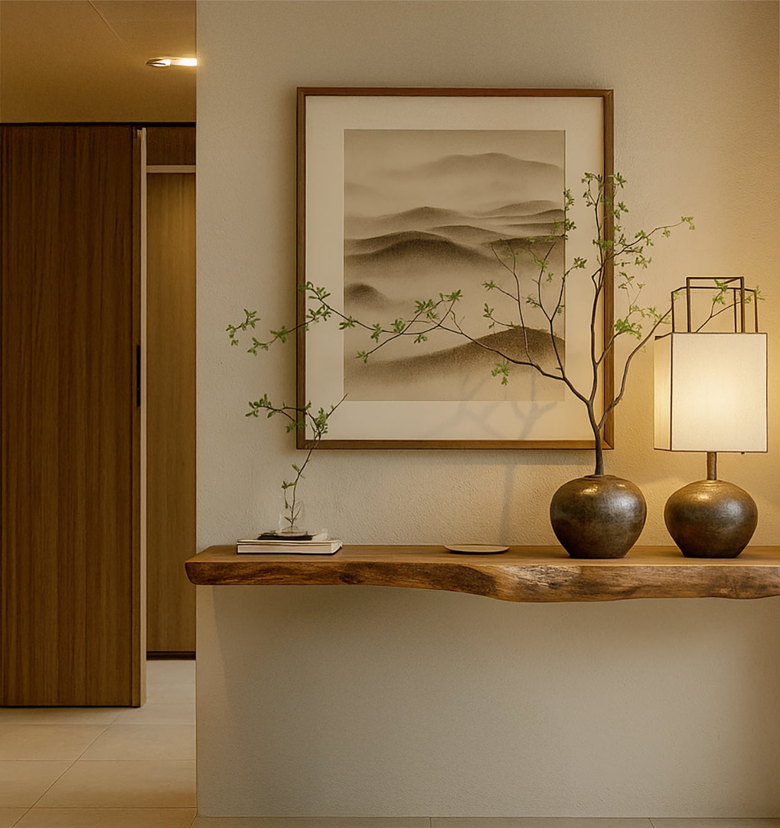 Minimalist entryway with floating wood shelf, decorative vases, table lamp, and framed mountain landscape art