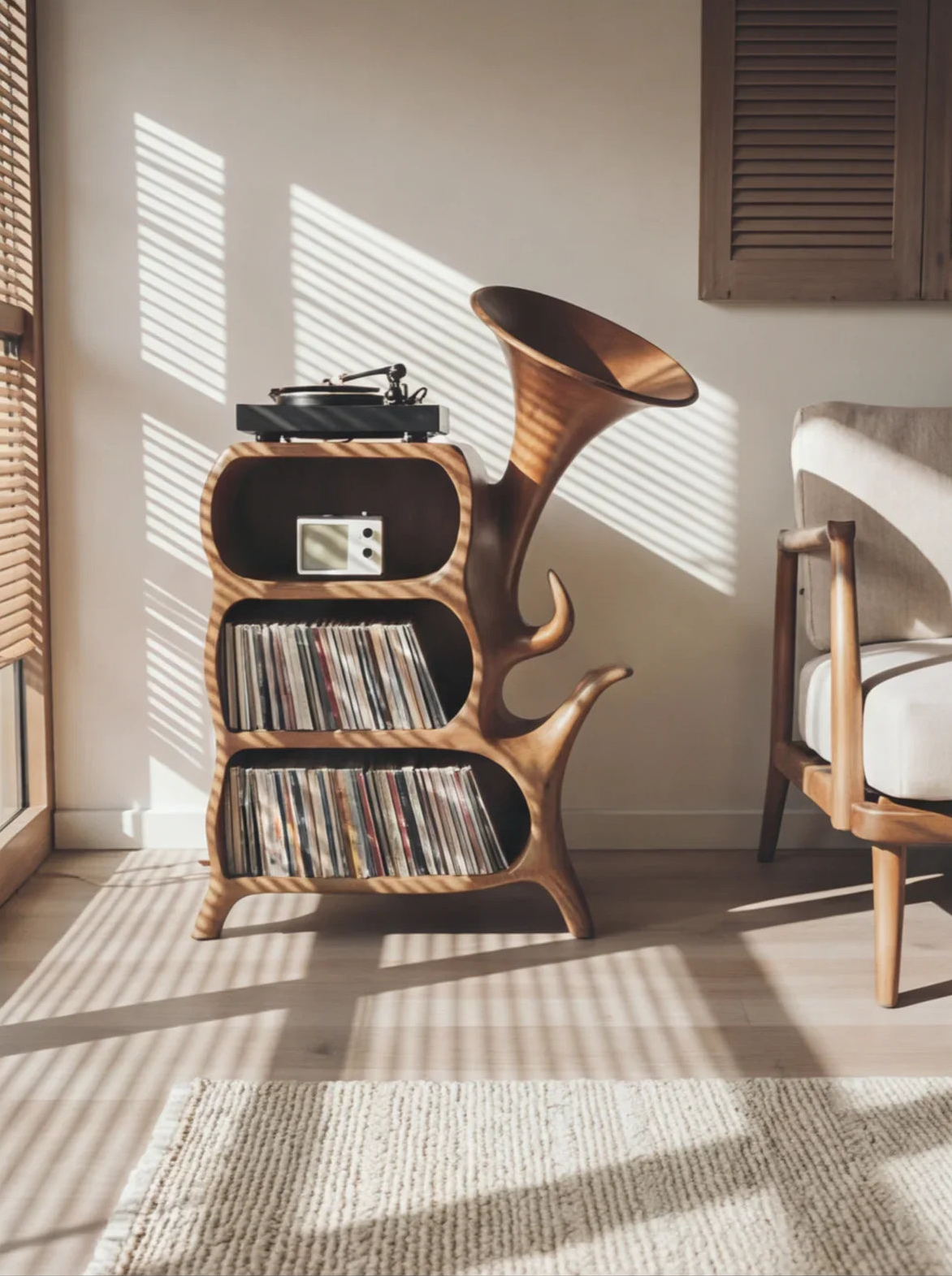 vinyl listening corner record player stand speakers warm lighting