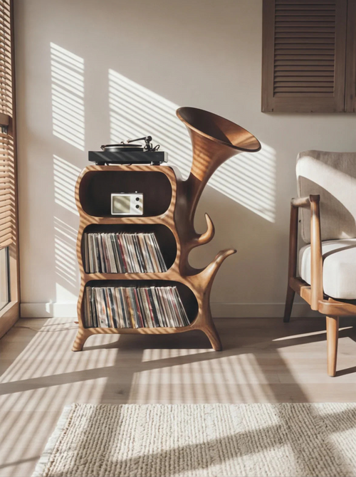 Organic Sculptural Solid Wood Vinyl Record Storage Cabinet with Integrated Turntable Stand