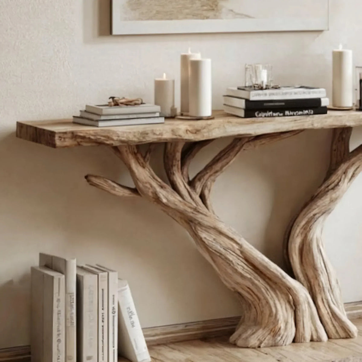 Live edge wood console table with tree branch legs, decorated with candles and books.