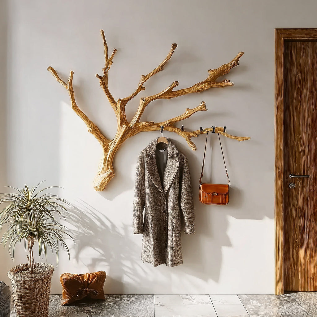 Modern wall mounted wooden branch coat rack holding a gray coat and brown bag in bright entryway