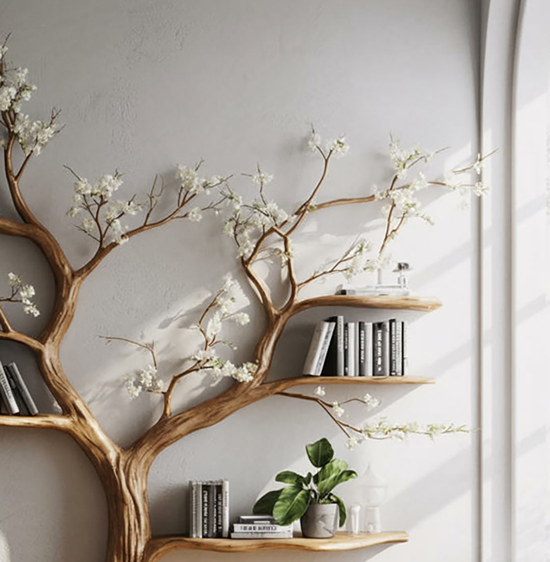 Live edge tree bookshelf with blooming branches, books, and plant against a sunlit wall