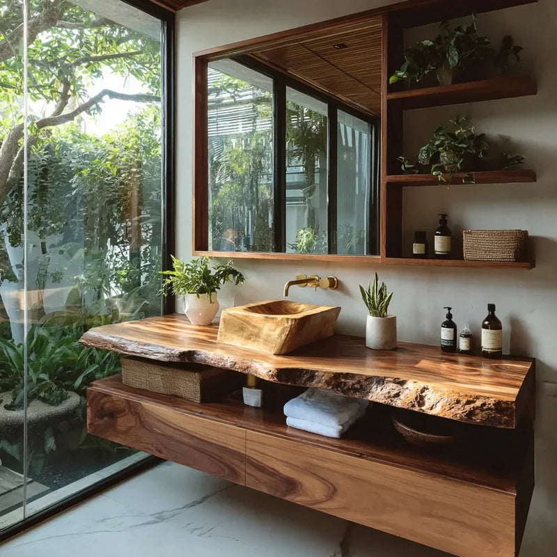 Live edge solid wood bathroom vanity with vessel sink, plants, and floating shelves.