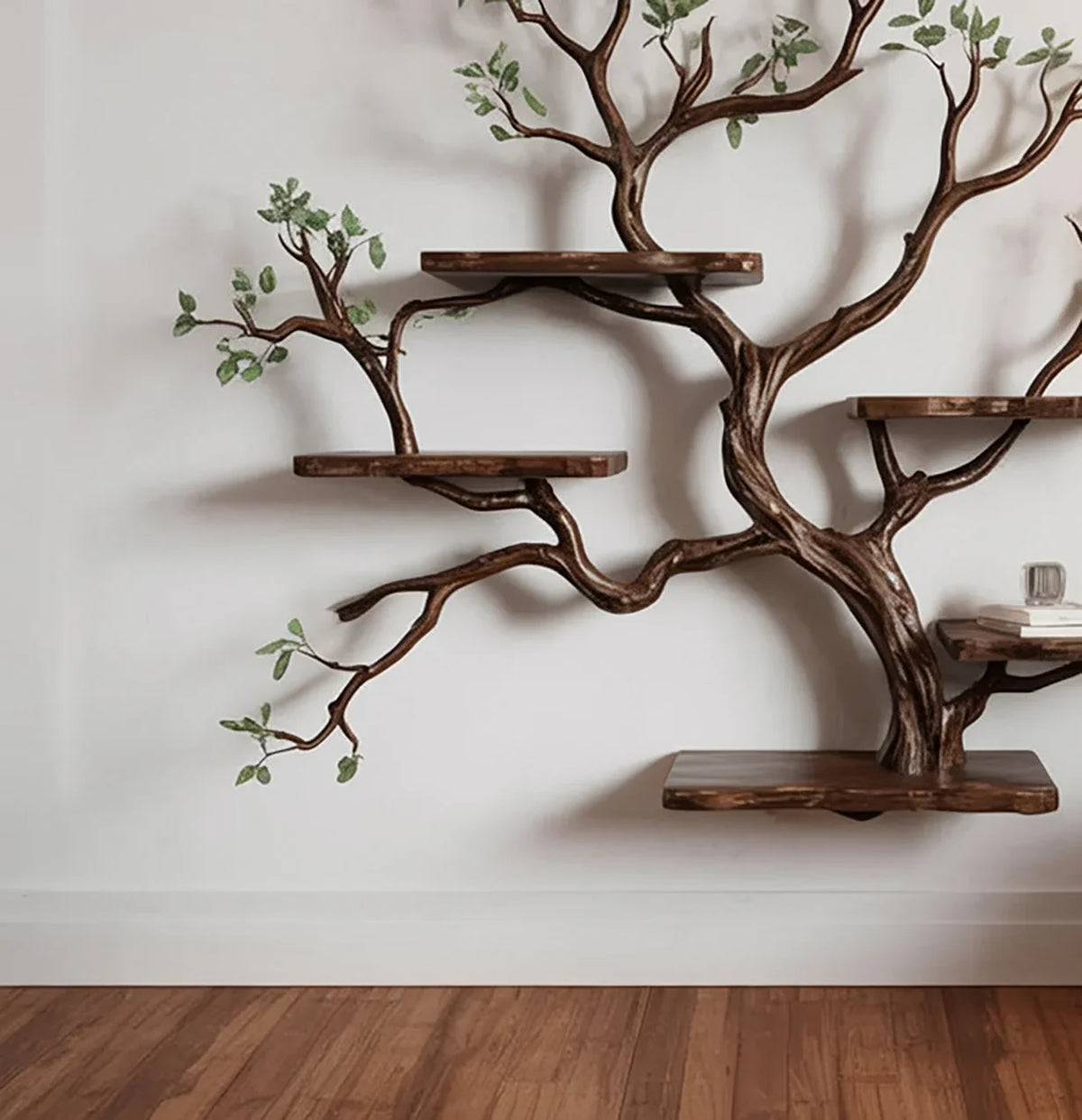 Tree-shaped wooden wall bookshelf with floating shelves and green leaf accents, modern design