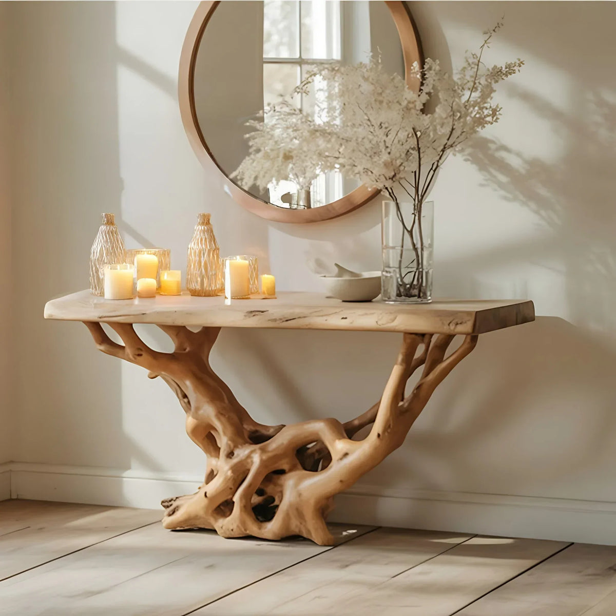 Live edge solid wood console table with natural tree root base, candles, and dried florals.