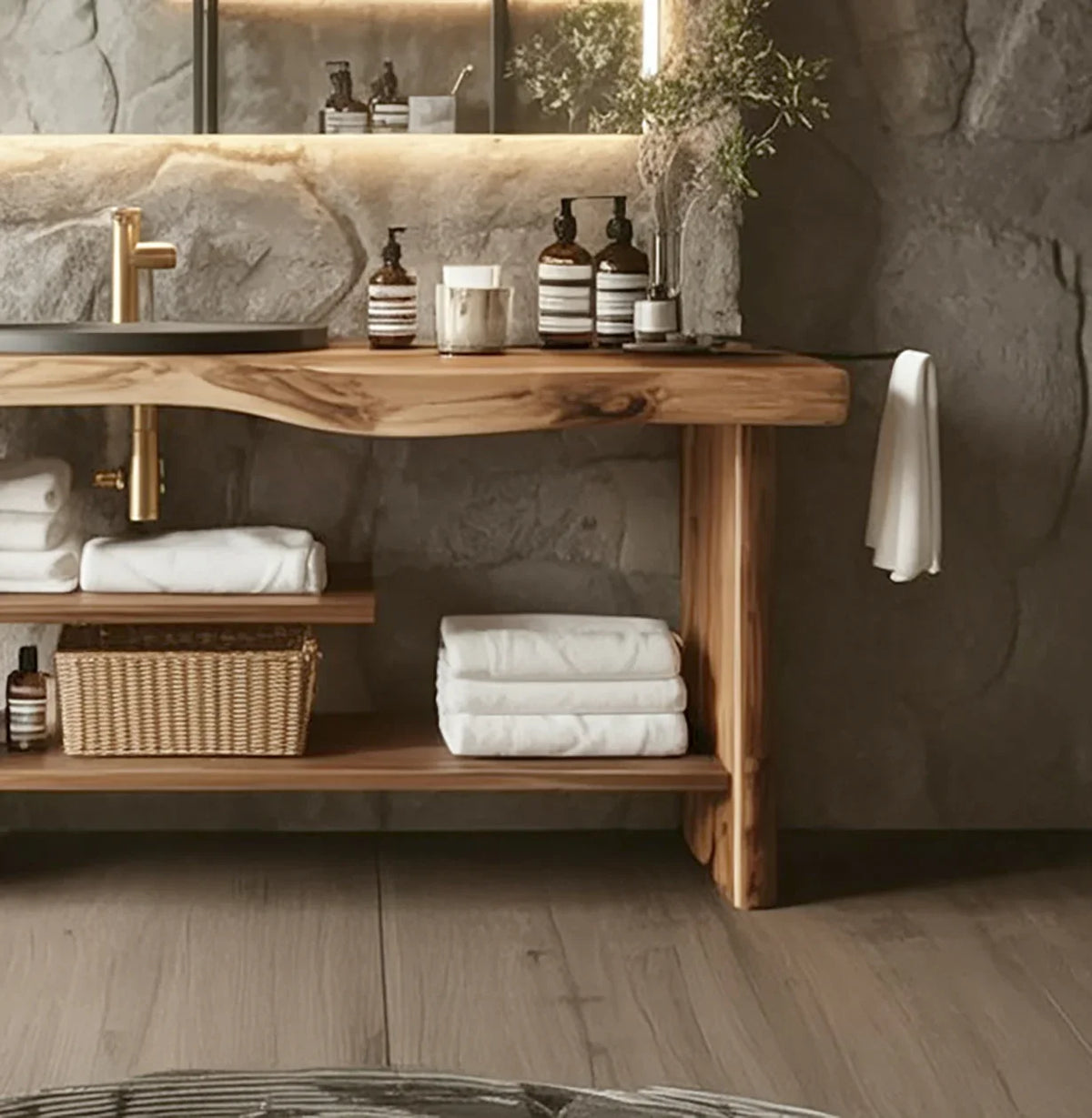 Live edge solid wood bathroom vanity with vessel sink, stone backsplash, and towel storage