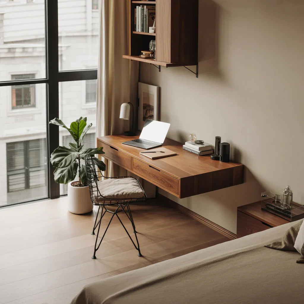 Minimalist bedroom with floating solid wood desk, laptop, modern chair, and potted plant.