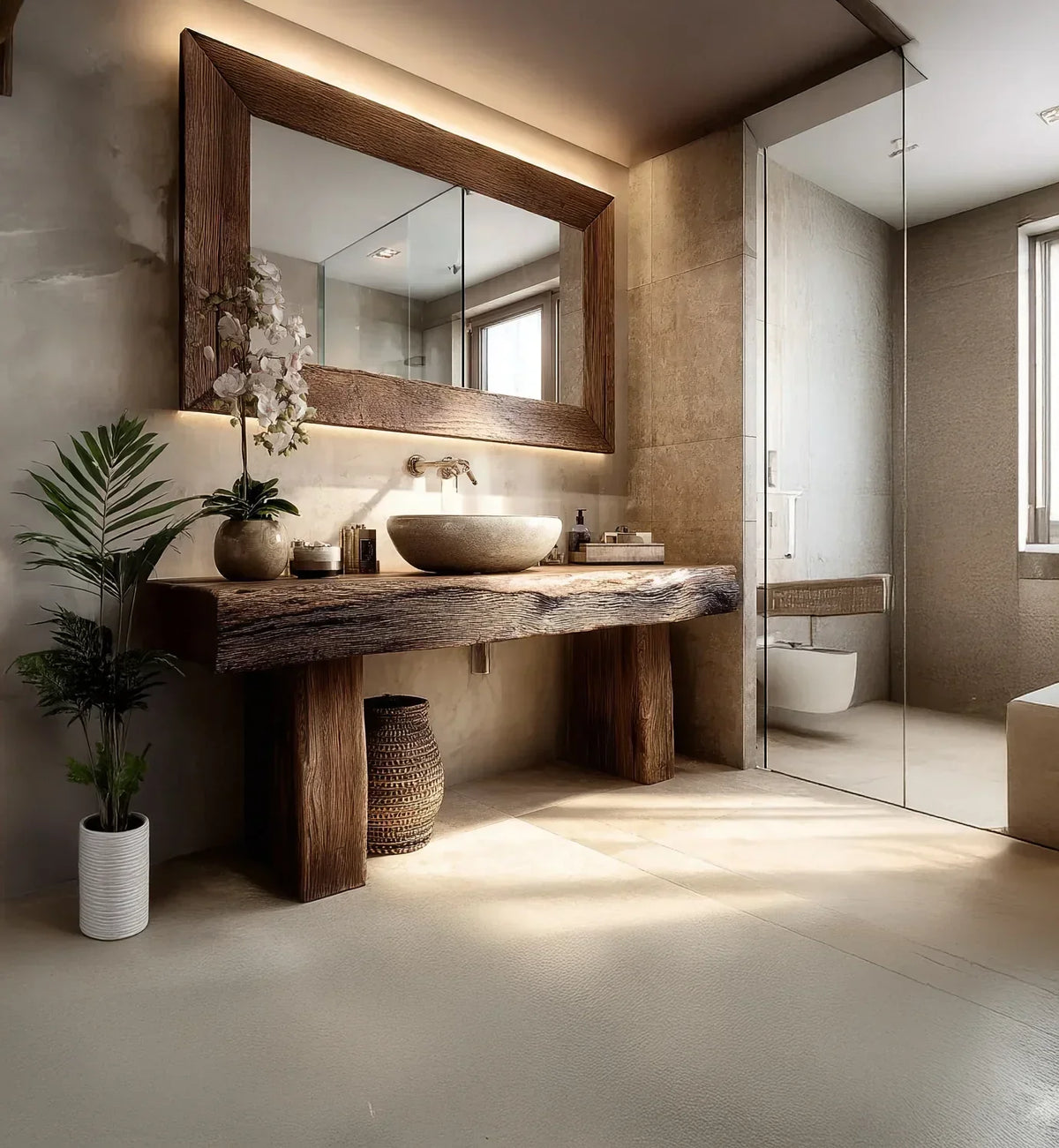 Modern bathroom with live edge wood vanity, large mirror, stone sink, and indoor plants.