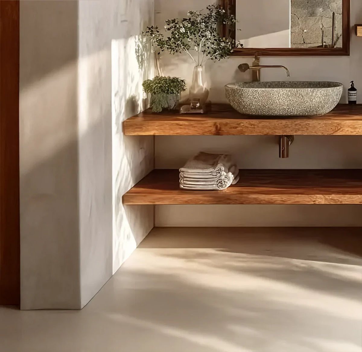 Solid wood floating bathroom vanity with vessel sink, modern faucet, and stacked towels