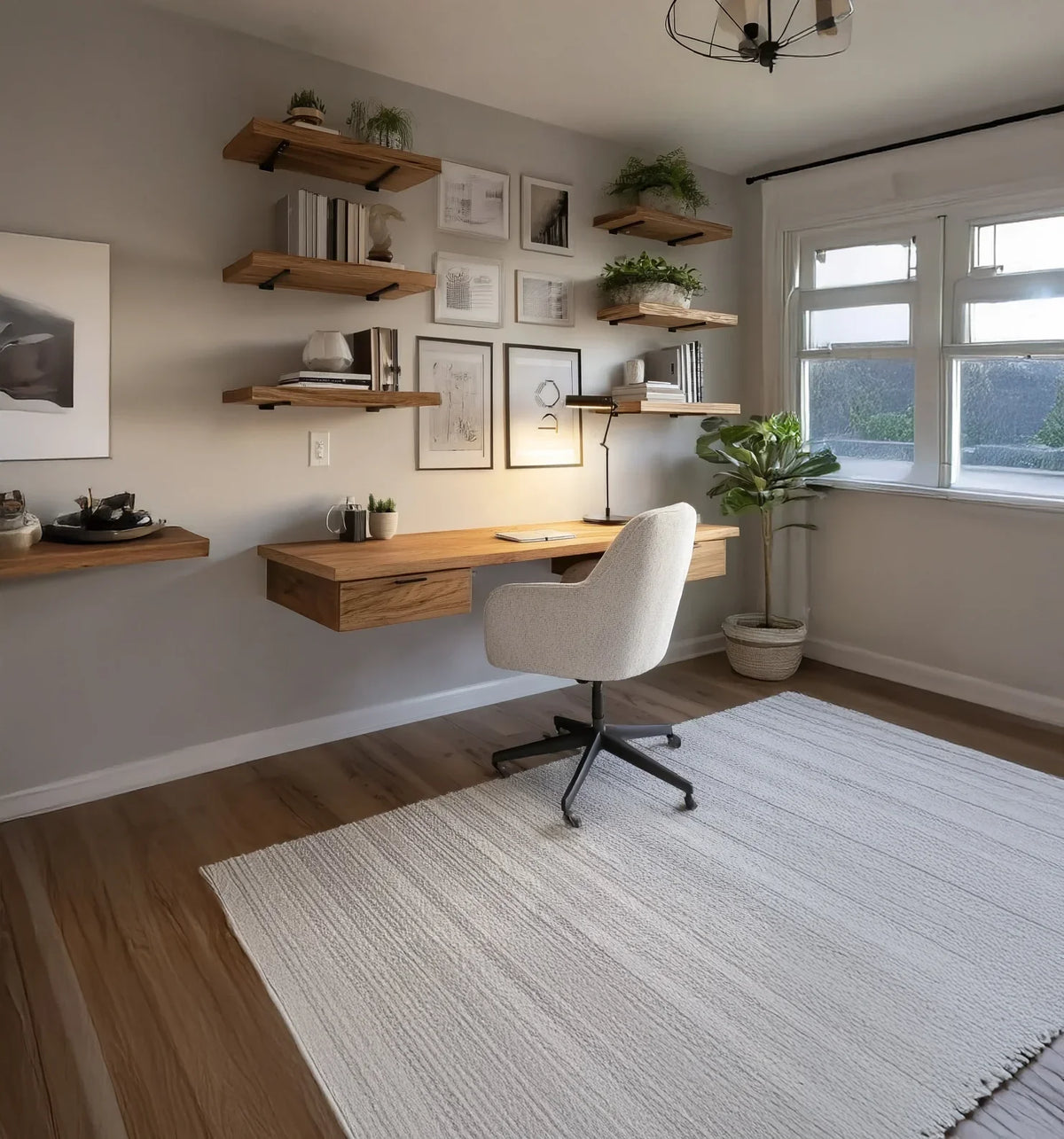 Modern home office with floating wooden shelves, live edge desk, white chair, and natural light