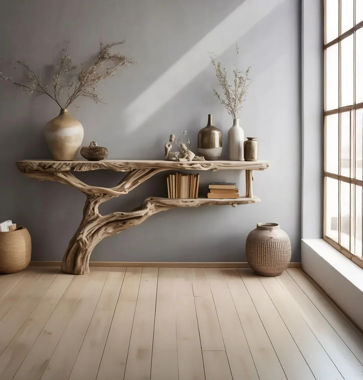 Live edge solid wood tree bookshelf with decorative vases and books in sunlit room