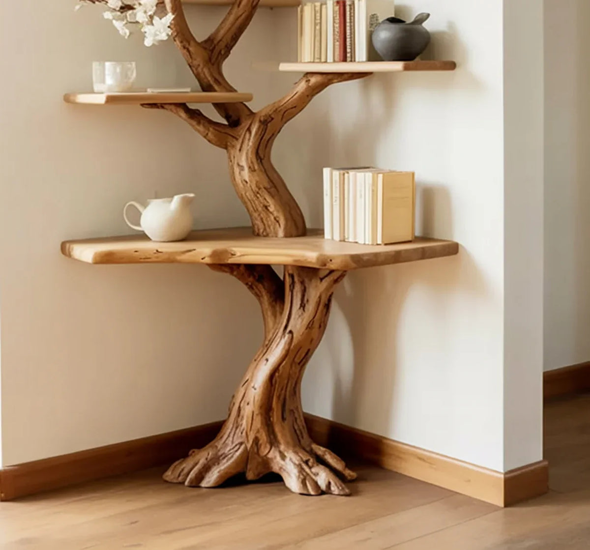 Live edge solid wood tree bookshelf with floating shelves and books in a modern room