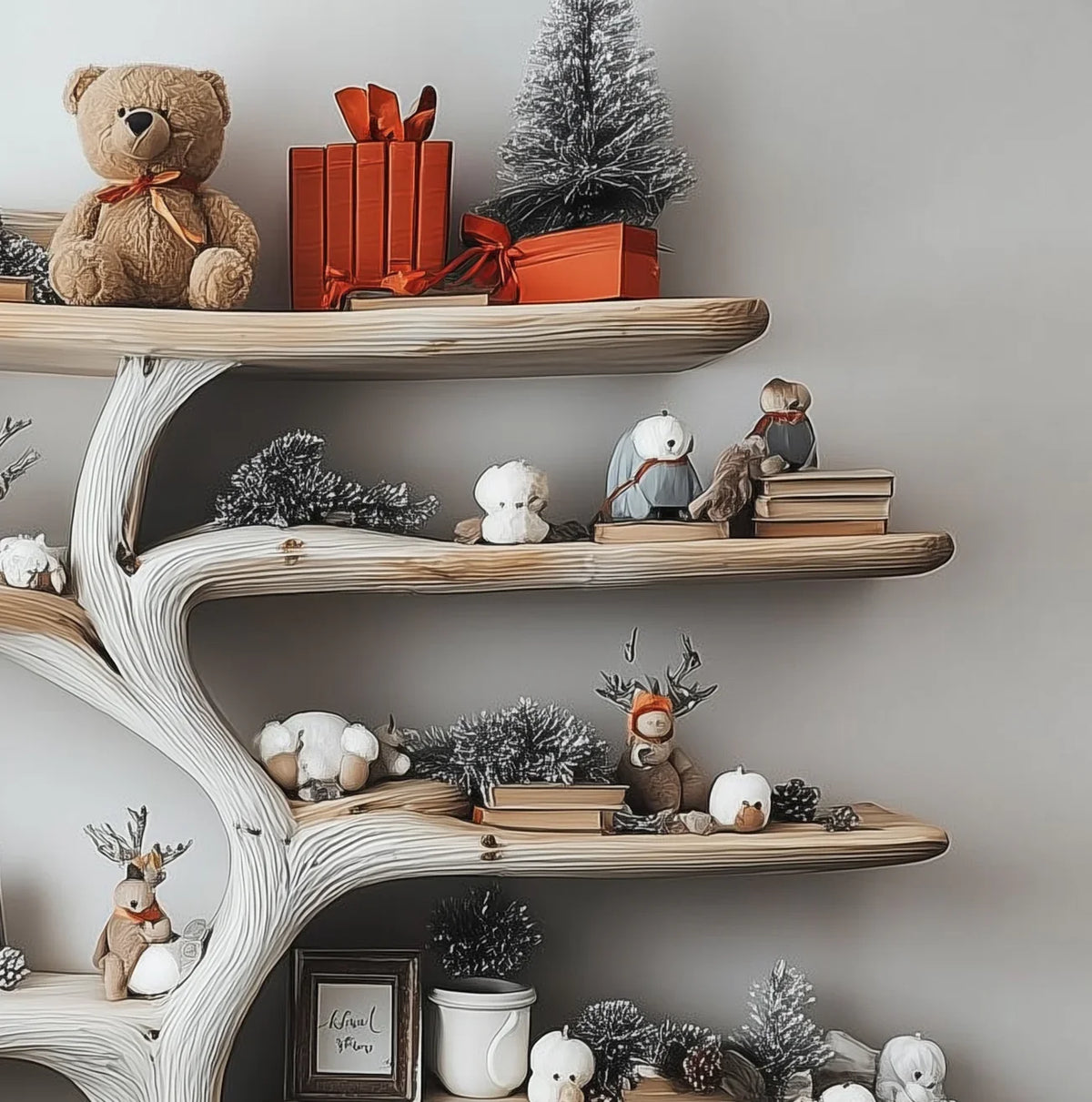 Wooden tree-shaped shelf with teddy bears, red gift boxes, mini Christmas trees, and winter decor