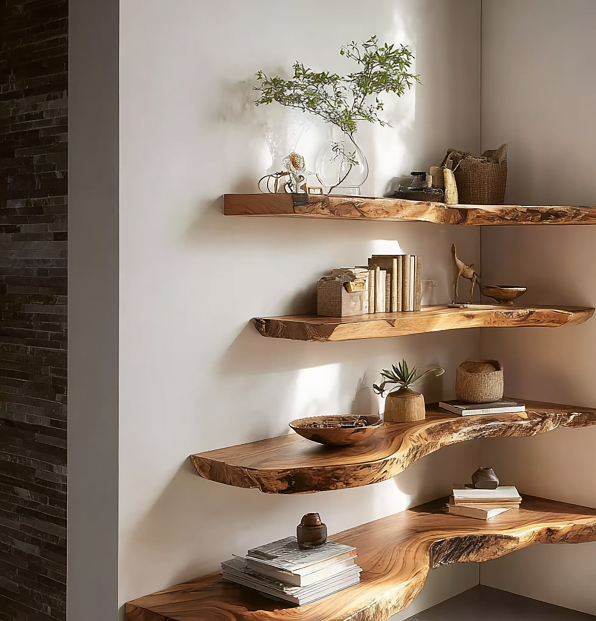 Live edge wood floating shelves decorated with books, plants, and natural home decor in a cozy corner
