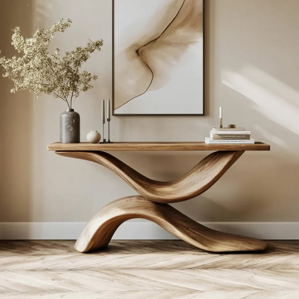 Sculptural live edge solid wood console table in modern living room with minimalist decor