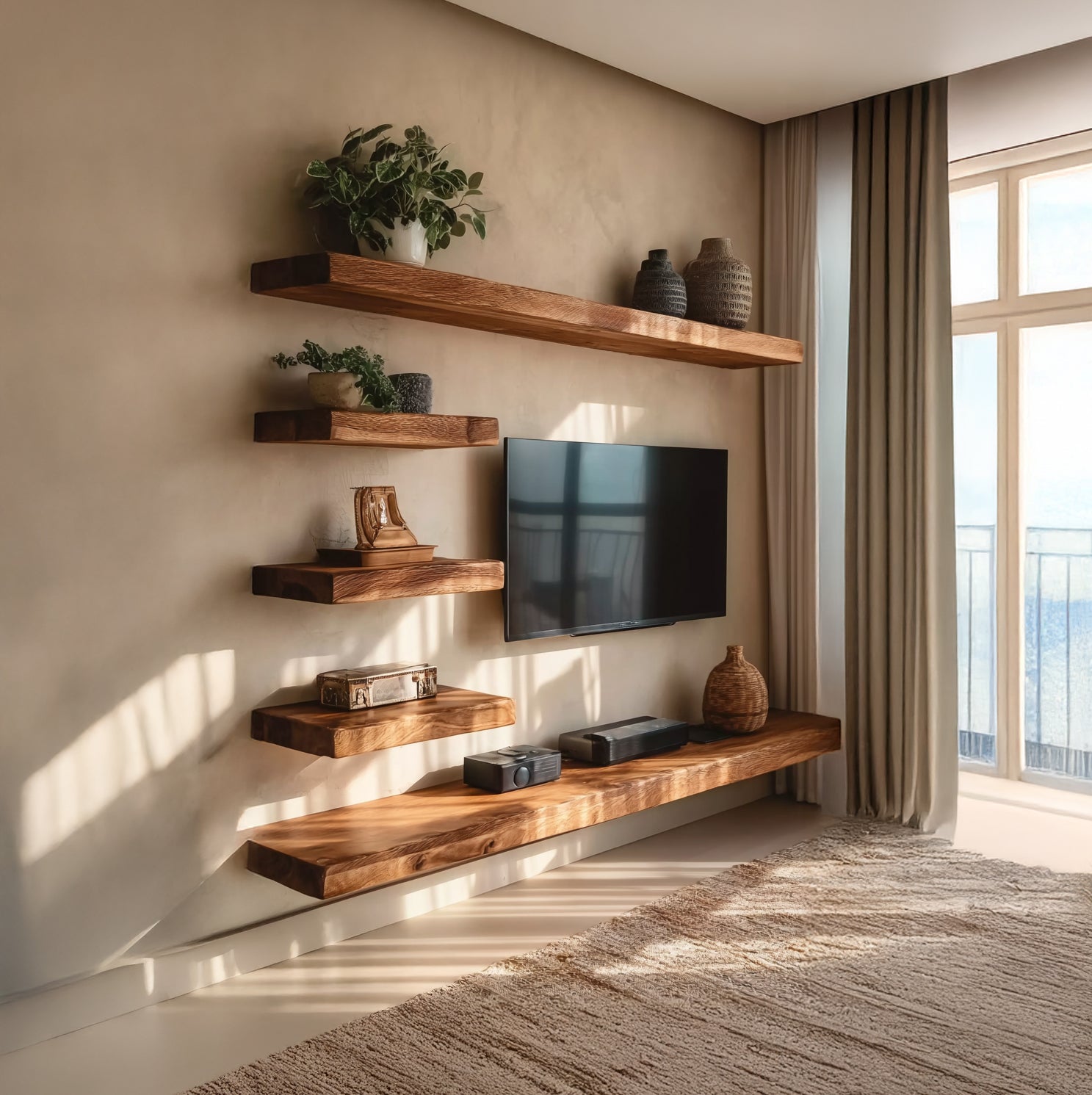 2-Piece Solid Wood TV Stand & Rustic Floating Shelf Living Room