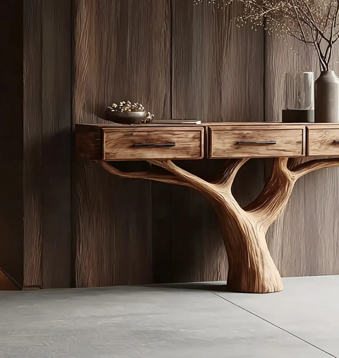 Live edge wooden console table with tree-inspired base, drawers, and rustic decor