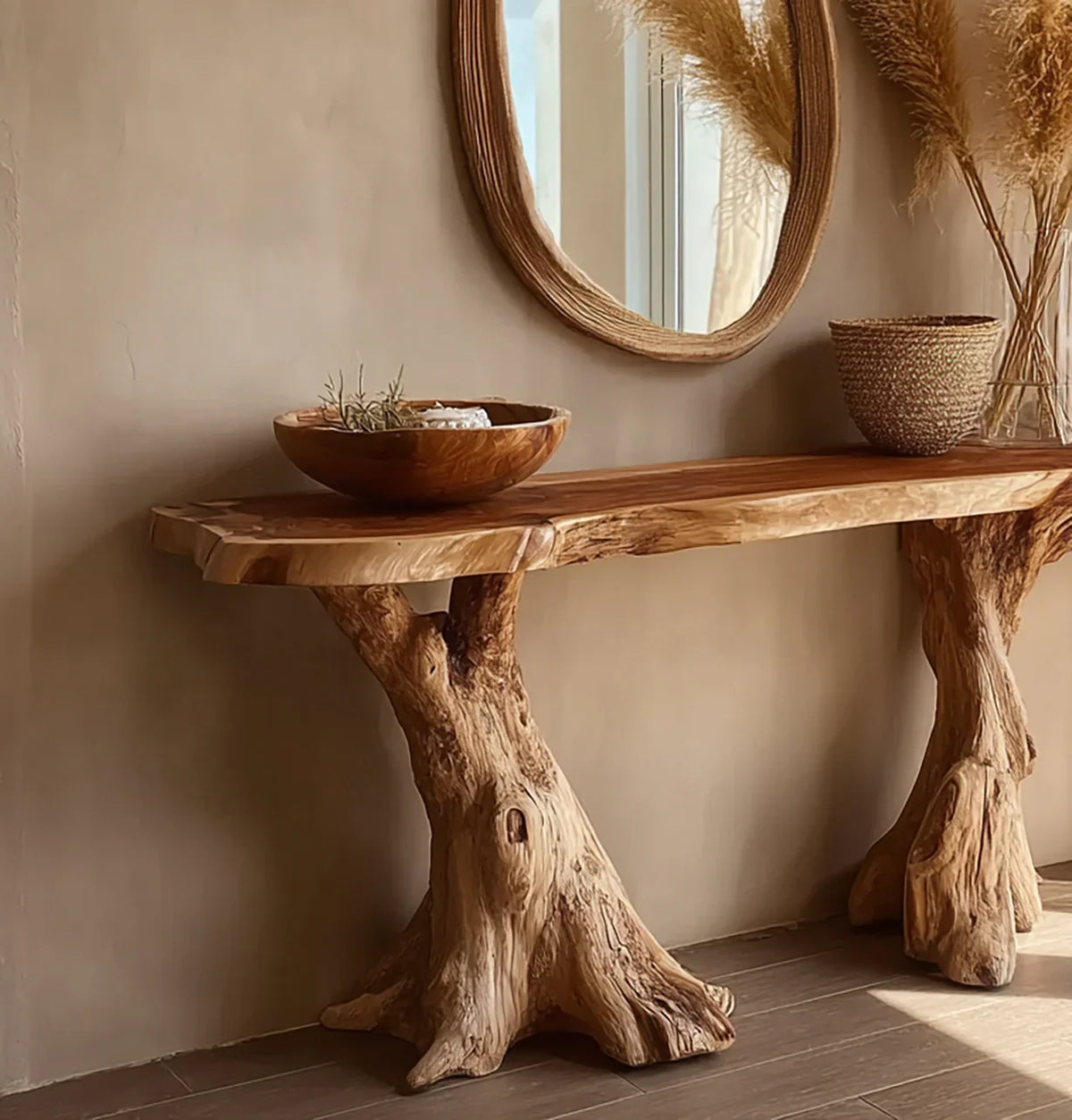 Rustic wooden console table with tree trunk legs, decorative bowl, pampas grass, and woven mirror